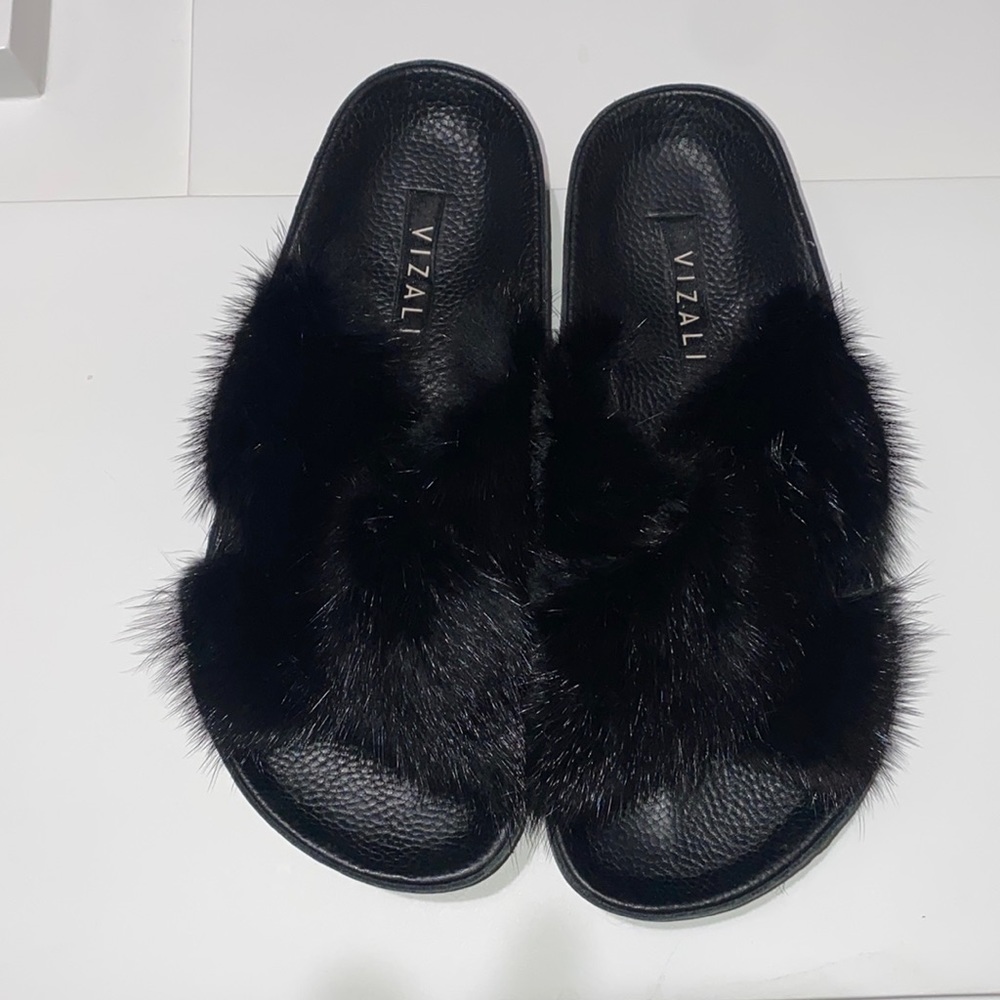 VIZALI FABULOUS  RUBBER SOLE REAL FOX FUR TOP SLIDES/SANDALS, Size 6.5